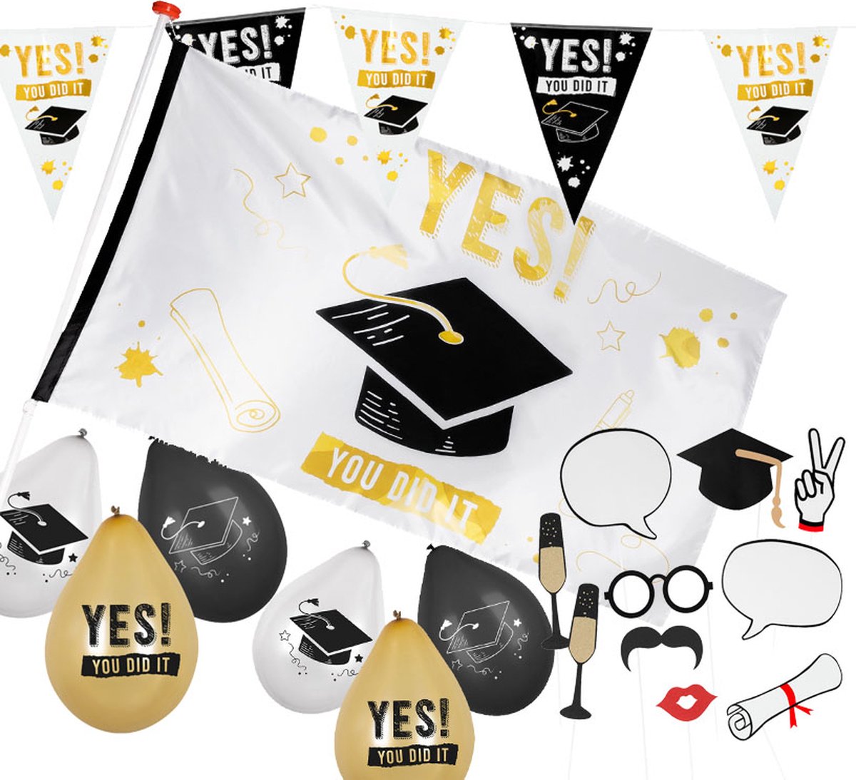 Geslaagd pakket Yes You Did It met grote Geslaagd vlag en versiering | Geslaagd Vlaggenlijn | Geslaagd ballonnen | Grote geslaagd Gevelvlag | Geslaagd versier pakket